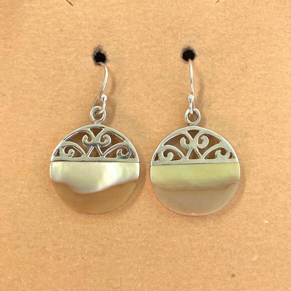 Sterling Silver 925 Round Mother Of Pearl MOP Scrollwork Accent Dangle Earrings - Picture 1 of 16